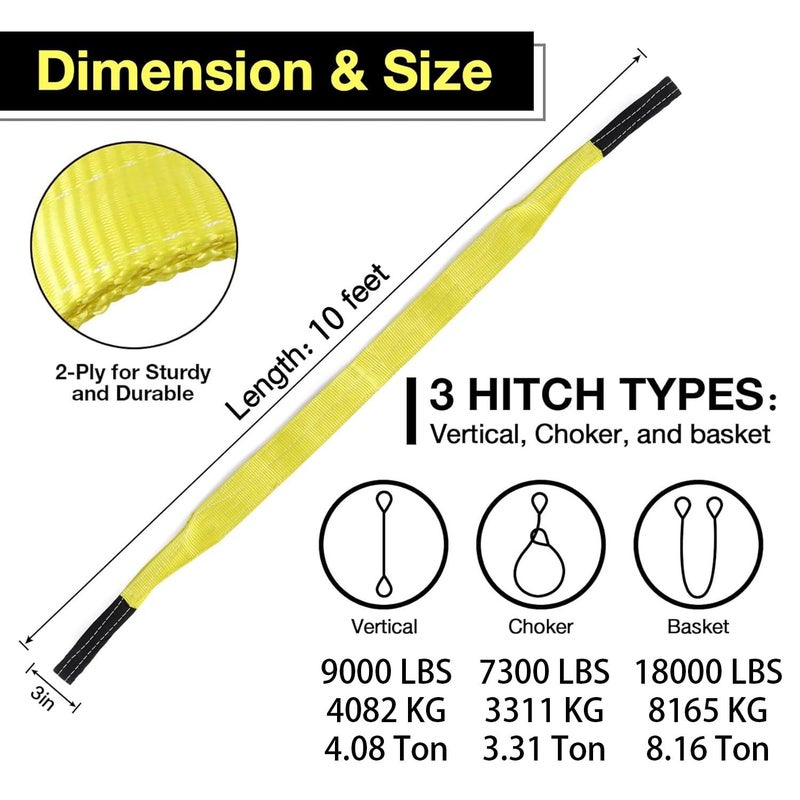 sumpluct Lift Sling Straps,3" x 10' 2-Ply Heavy Duty Flat Eye Lift Sling,Flat Eye Polyester Lifting Straps Not Nylon Tree Saver Recovery Strap Web Rigging Securing Moving Tow Hoisting Gear Strap 18000lb - Image 2